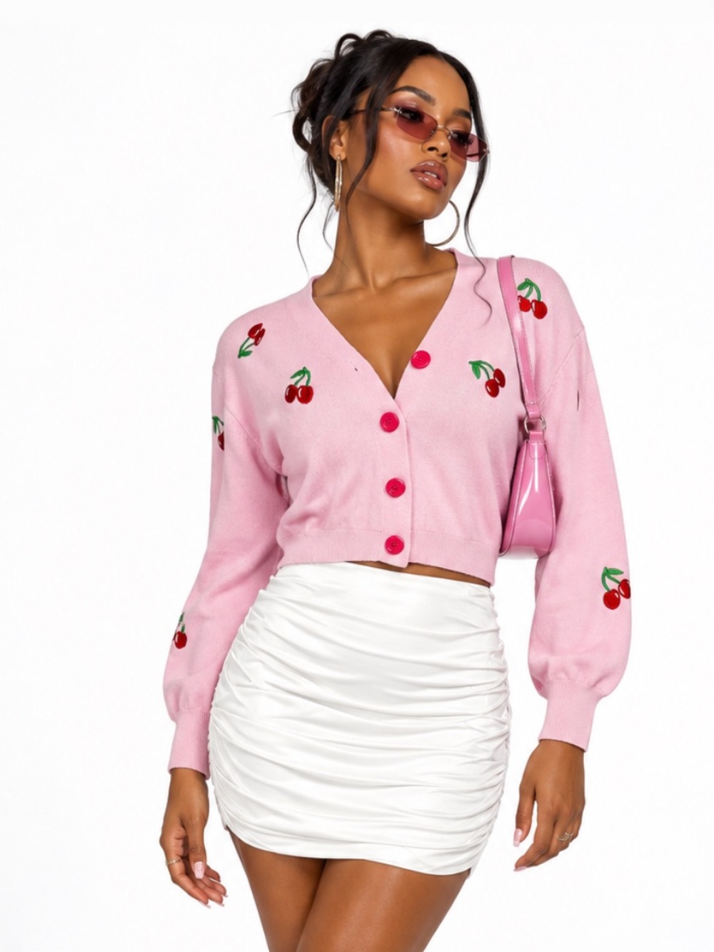 Y2K 90's Pink Cherry Embroidered Cropped Cardigan